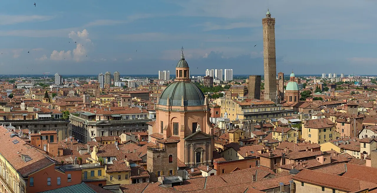 View from the top of the Basilica di San Petronio in 2016. In the foreground - Sanctuary of Santa Maria della Vita, to the right two incline
