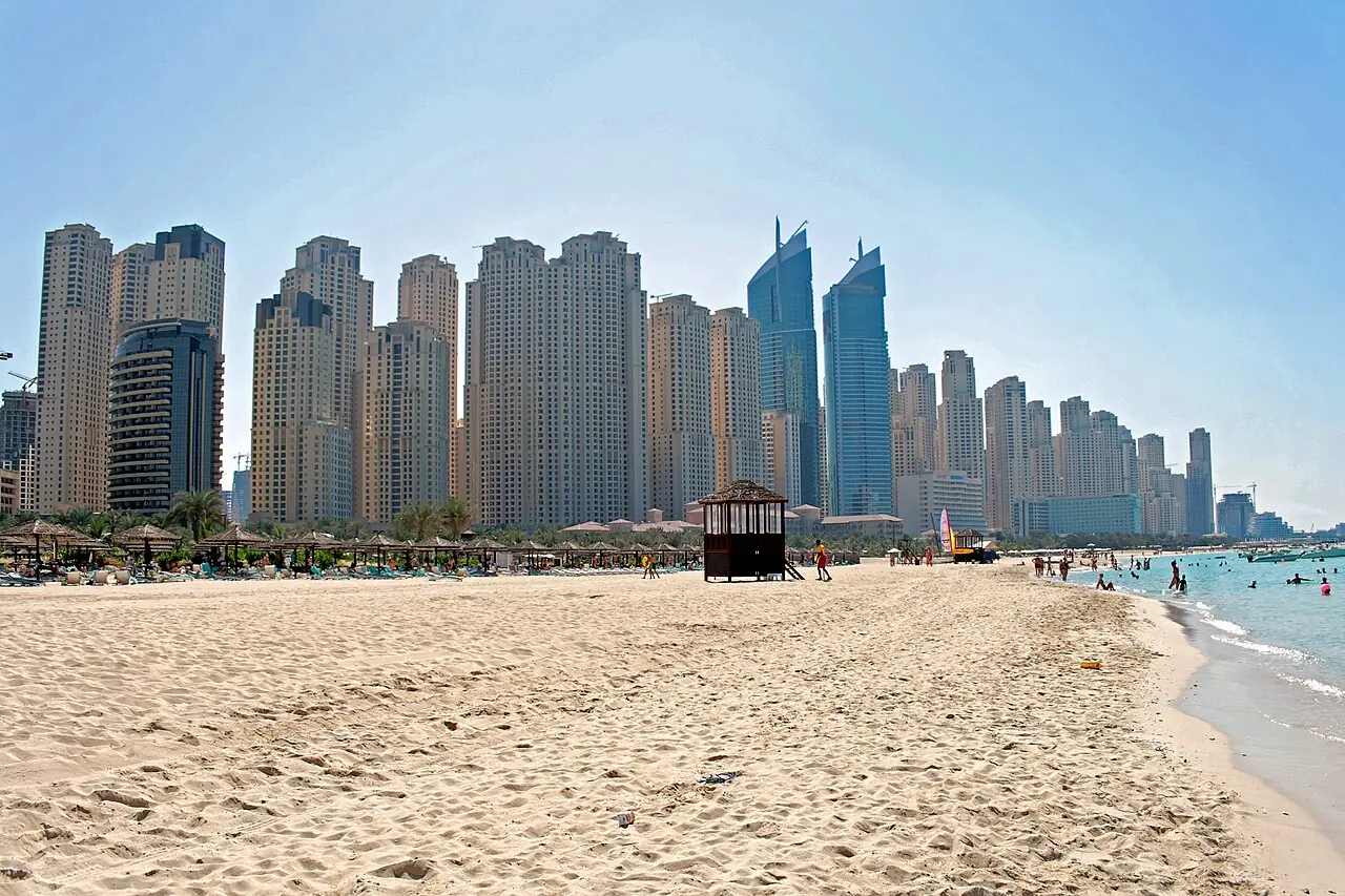 Skyline Dubai Jumeirah Beach, the background shows the skyscraper of Dubai Marina