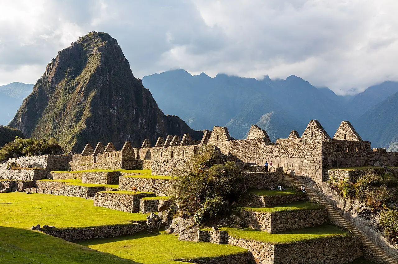 View of the ancient houses of Machu Picchu houses, Urubamba Province , Cusco Region , today Peru . The 15th-century Inca citadel, abandoned 