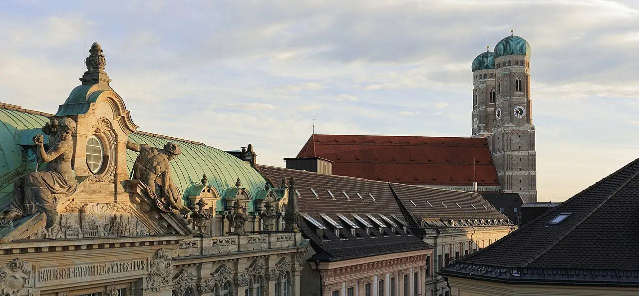 Frauenkirche , Munich , as seen from N - a rare view taken atop the "Lovelace", a temporary pop-up project in the former HVB Forum, Kardinal