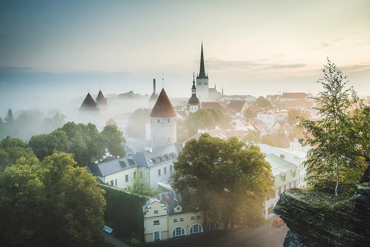 Tallinn old town during sunrise. View from Patkul viewing platform in September 2018.
